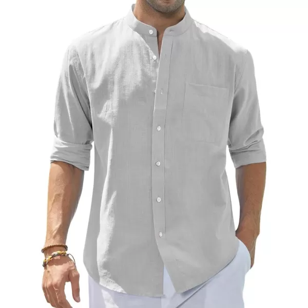 J.VER Men's Cotton Linen Long Sleeve Shirts Casual Button Down Banded Collar Shirt Beach Summer Tops with Pocket