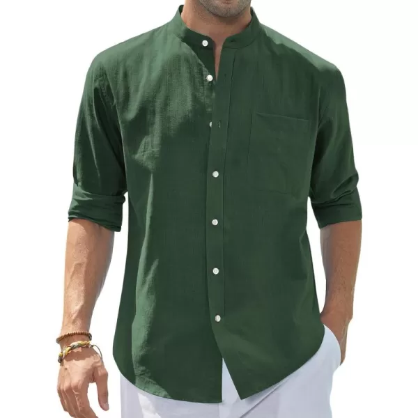 J.VER Men's Cotton Linen Long Sleeve Shirts Casual Button Down Banded Collar Shirt Beach Summer Tops with Pocket