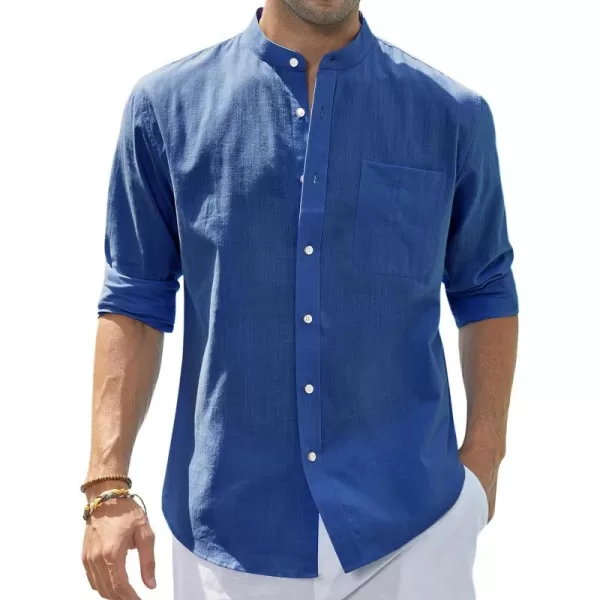 J.VER Men's Cotton Linen Long Sleeve Shirts Casual Button Down Banded Collar Shirt Beach Summer Tops with Pocket