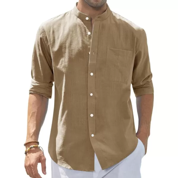 J.VER Men's Cotton Linen Long Sleeve Shirts Casual Button Down Banded Collar Shirt Beach Summer Tops with Pocket