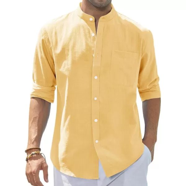 J.VER Men's Cotton Linen Long Sleeve Shirts Casual Button Down Banded Collar Shirt Beach Summer Tops with Pocket