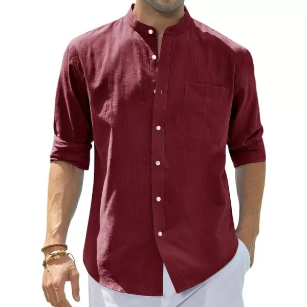 J.VER Men's Cotton Linen Long Sleeve Shirts Casual Button Down Banded Collar Shirt Beach Summer Tops with Pocket