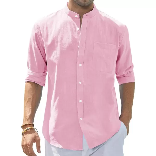 J.VER Men's Cotton Linen Long Sleeve Shirts Casual Button Down Banded Collar Shirt Beach Summer Tops with Pocket
