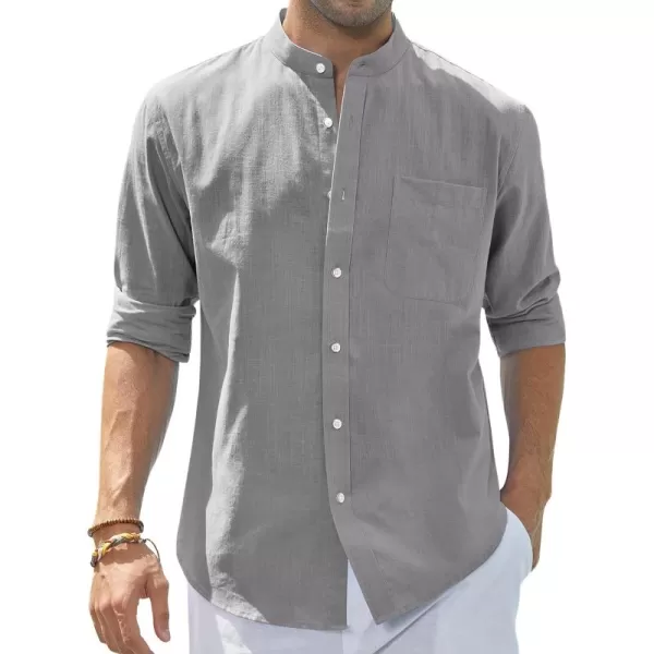 J.VER Men's Cotton Linen Long Sleeve Shirts Casual Button Down Banded Collar Shirt Beach Summer Tops with Pocket