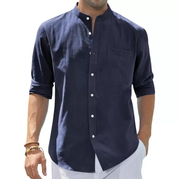 J.VER Men's Cotton Linen Long Sleeve Shirts Casual Button Down Banded Collar Shirt Beach Summer Tops with Pocket