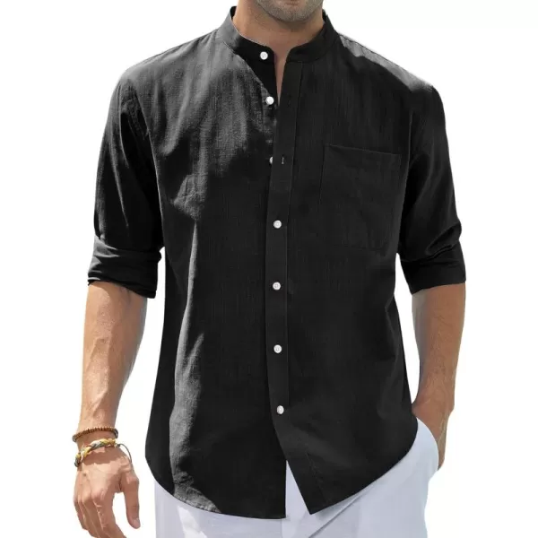J.VER Men's Cotton Linen Long Sleeve Shirts Casual Button Down Banded Collar Shirt Beach Summer Tops with Pocket