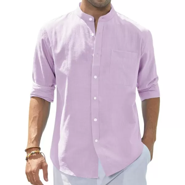 J.VER Men's Cotton Linen Long Sleeve Shirts Casual Button Down Banded Collar Shirt Beach Summer Tops with Pocket
