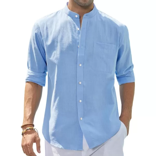 J.VER Men's Cotton Linen Long Sleeve Shirts Casual Button Down Banded Collar Shirt Beach Summer Tops with Pocket