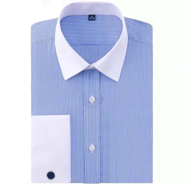J.VER Men's French Cuff Dress Shirts Regular Fit Striped Long Sleeve Spread Collar Metal Cufflink
