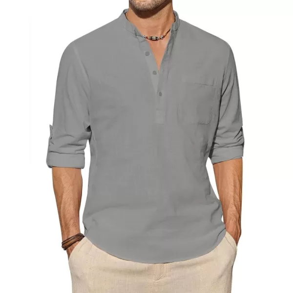 J.VER Men's Linen Roll Up Long Sleeve Shirt Cotton Casual Beach Shirts Henley T-Shirt Band Collar Vacation Tops with Pocket
