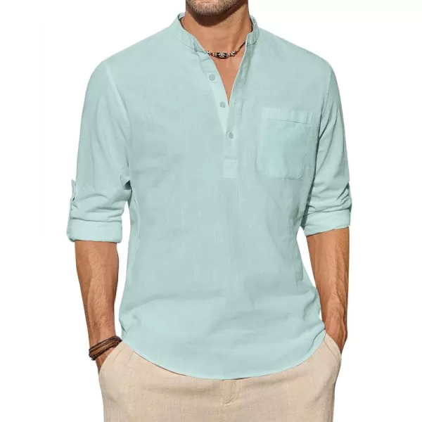 J.VER Men's Linen Roll Up Long Sleeve Shirt Cotton Casual Beach Shirts Henley T-Shirt Band Collar Vacation Tops with Pocket