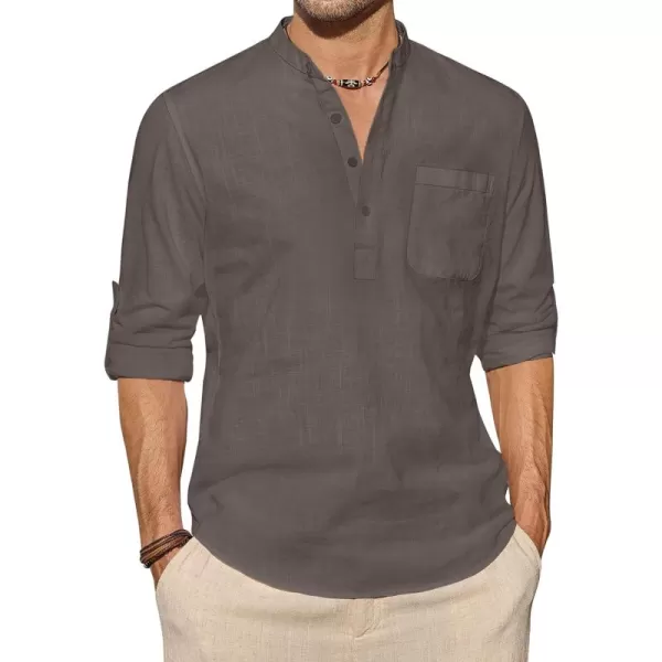 J.VER Men's Linen Roll Up Long Sleeve Shirt Cotton Casual Beach Shirts Henley T-Shirt Band Collar Vacation Tops with Pocket