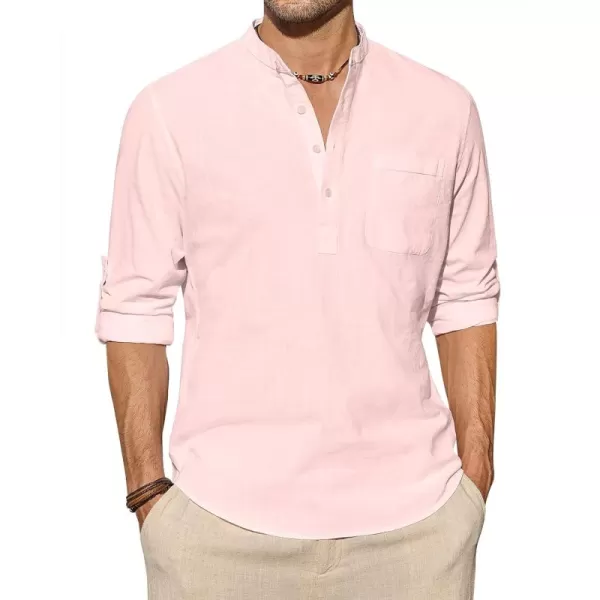 J.VER Men's Linen Roll Up Long Sleeve Shirt Cotton Casual Beach Shirts Henley T-Shirt Band Collar Vacation Tops with Pocket