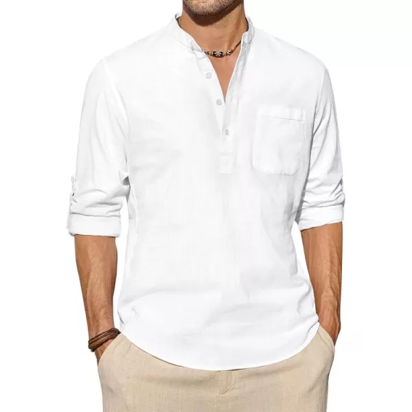 J.VER Men's Linen Roll Up Long Sleeve Shirt Cotton Casual Beach Shirts Henley T-Shirt Band Collar Vacation Tops with Pocket