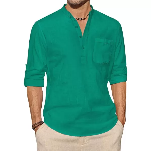 J.VER Men's Linen Roll Up Long Sleeve Shirt Cotton Casual Beach Shirts Henley T-Shirt Band Collar Vacation Tops with Pocket