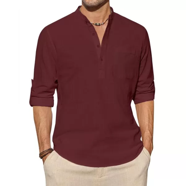 J.VER Men's Linen Roll Up Long Sleeve Shirt Cotton Casual Beach Shirts Henley T-Shirt Band Collar Vacation Tops with Pocket