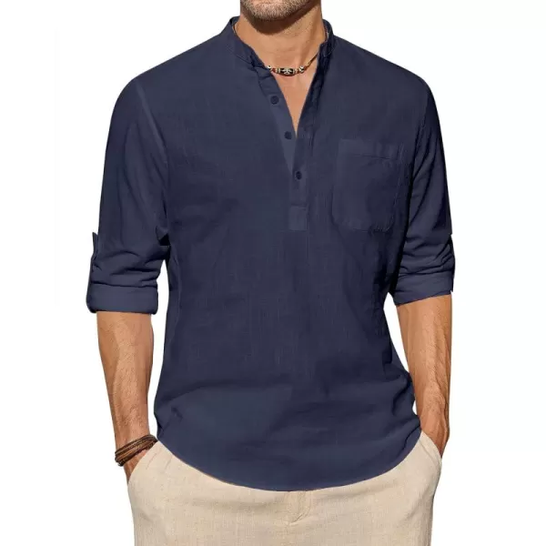 J.VER Men's Linen Roll Up Long Sleeve Shirt Cotton Casual Beach Shirts Henley T-Shirt Band Collar Vacation Tops with Pocket