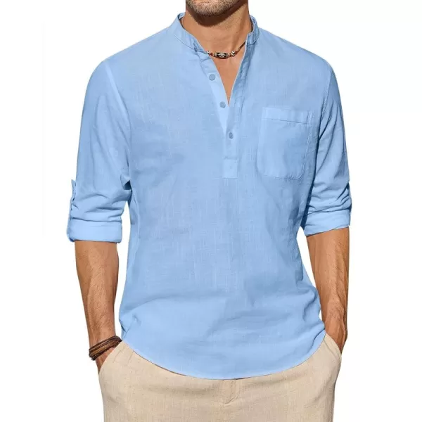 J.VER Men's Linen Roll Up Long Sleeve Shirt Cotton Casual Beach Shirts Henley T-Shirt Band Collar Vacation Tops with Pocket