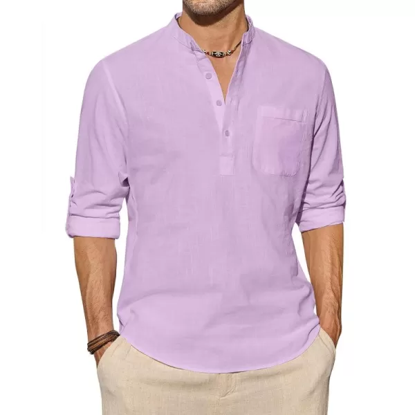 J.VER Men's Linen Roll Up Long Sleeve Shirt Cotton Casual Beach Shirts Henley T-Shirt Band Collar Vacation Tops with Pocket
