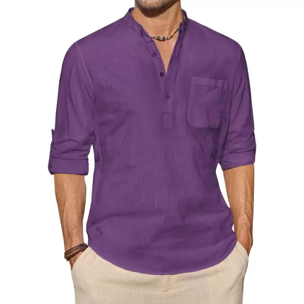 J.VER Men's Linen Roll Up Long Sleeve Shirt Cotton Casual Beach Shirts Henley T-Shirt Band Collar Vacation Tops with Pocket