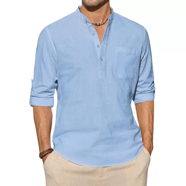 J.VER Men's Linen Roll Up Long Sleeve Shirt Cotton Casual Beach Shirts Henley T-Shirt Band Collar Vacation Tops with Pocket
