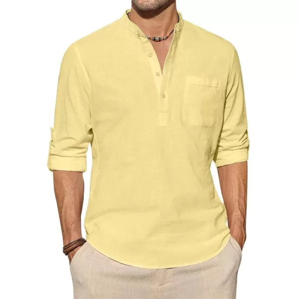 J.VER Men's Linen Roll Up Long Sleeve Shirt Cotton Casual Beach Shirts Henley T-Shirt Band Collar Vacation Tops with Pocket