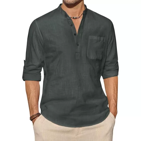 J.VER Men's Linen Roll Up Long Sleeve Shirt Cotton Casual Beach Shirts Henley T-Shirt Band Collar Vacation Tops with Pocket