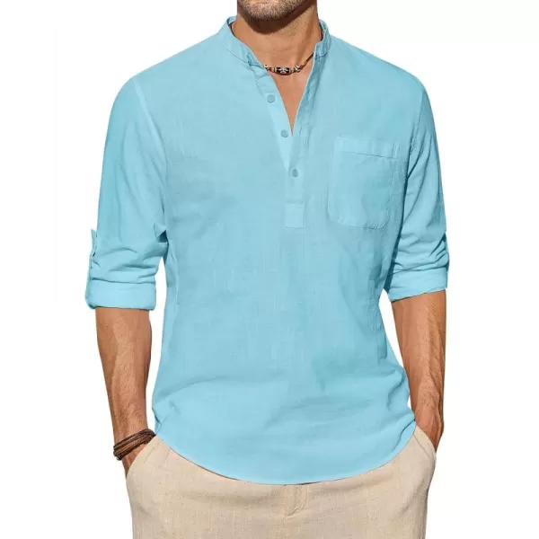 J.VER Men's Linen Roll Up Long Sleeve Shirt Cotton Casual Beach Shirts Henley T-Shirt Band Collar Vacation Tops with Pocket