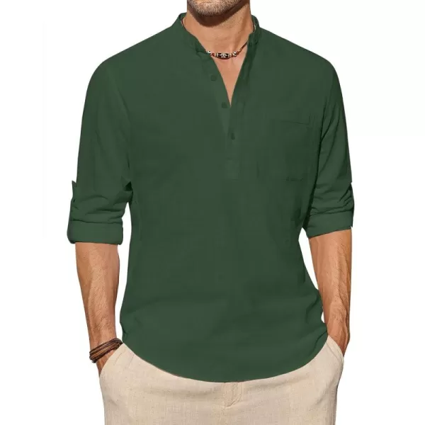 J.VER Men's Linen Roll Up Long Sleeve Shirt Cotton Casual Beach Shirts Henley T-Shirt Band Collar Vacation Tops with Pocket
