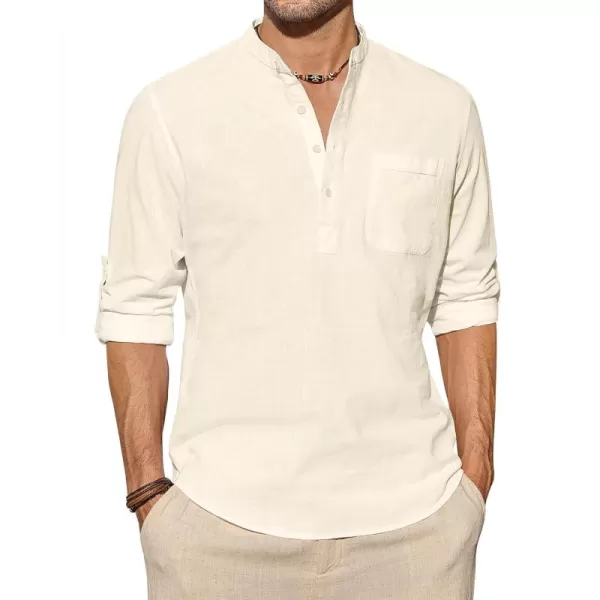 J.VER Men's Linen Roll Up Long Sleeve Shirt Cotton Casual Beach Shirts Henley T-Shirt Band Collar Vacation Tops with Pocket