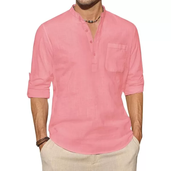 J.VER Men's Linen Roll Up Long Sleeve Shirt Cotton Casual Beach Shirts Henley T-Shirt Band Collar Vacation Tops with Pocket