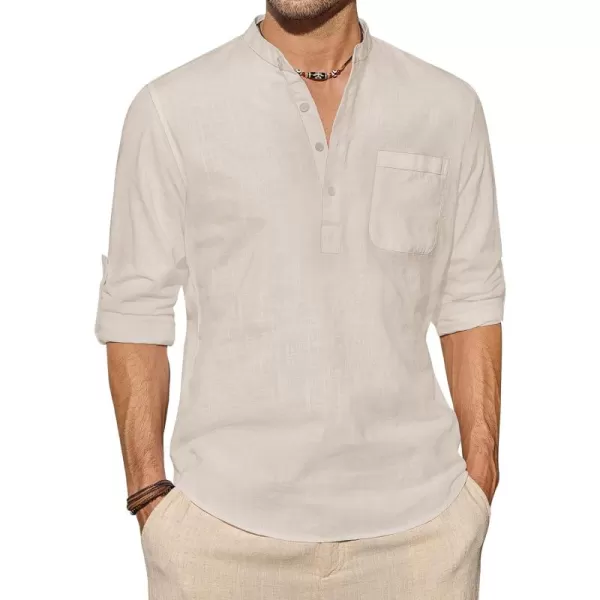 J.VER Men's Linen Roll Up Long Sleeve Shirt Cotton Casual Beach Shirts Henley T-Shirt Band Collar Vacation Tops with Pocket