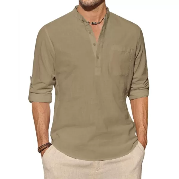 J.VER Men's Linen Roll Up Long Sleeve Shirt Cotton Casual Beach Shirts Henley T-Shirt Band Collar Vacation Tops with Pocket
