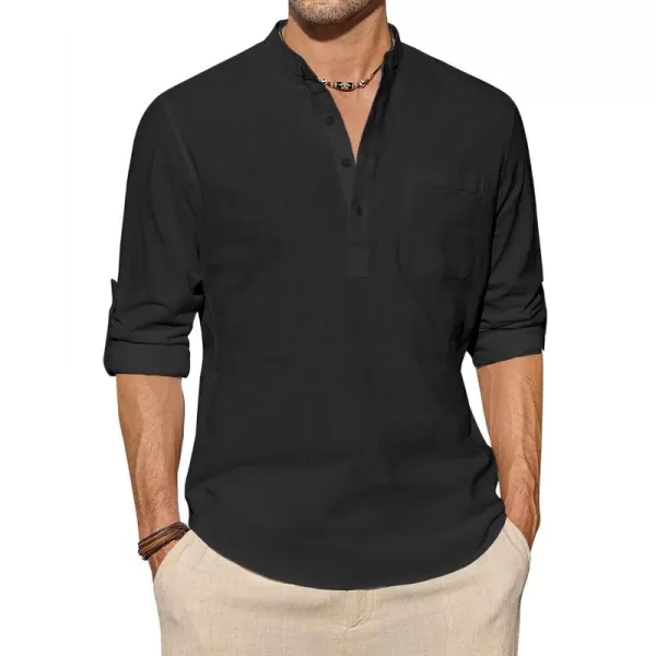 J.VER Men's Linen Roll Up Long Sleeve Shirt Cotton Casual Beach Shirts Henley T-Shirt Band Collar Vacation Tops with Pocket