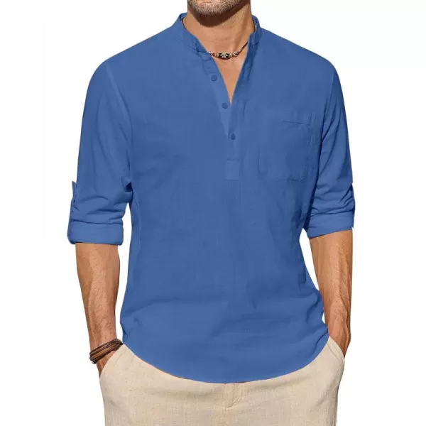 J.VER Men's Linen Roll Up Long Sleeve Shirt Cotton Casual Beach Shirts Henley T-Shirt Band Collar Vacation Tops with Pocket