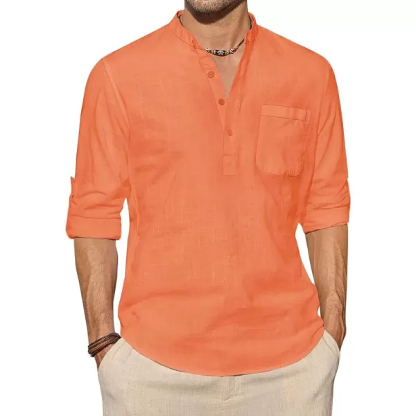 J.VER Men's Linen Roll Up Long Sleeve Shirt Cotton Casual Beach Shirts Henley T-Shirt Band Collar Vacation Tops with Pocket