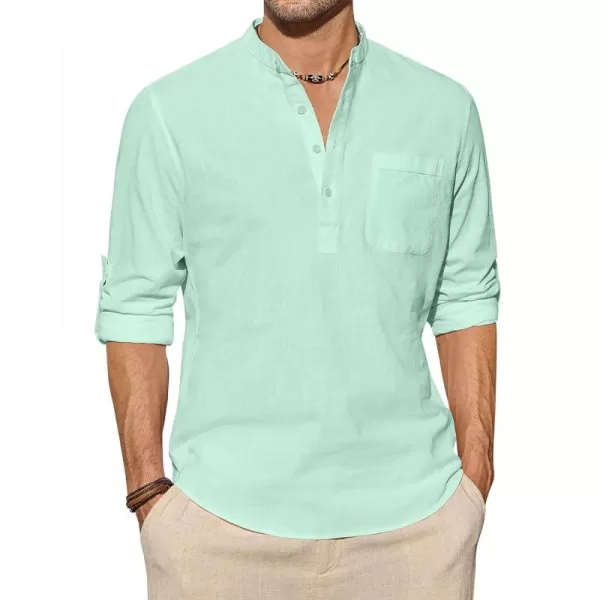 J.VER Men's Linen Roll Up Long Sleeve Shirt Cotton Casual Beach Shirts Henley T-Shirt Band Collar Vacation Tops with Pocket