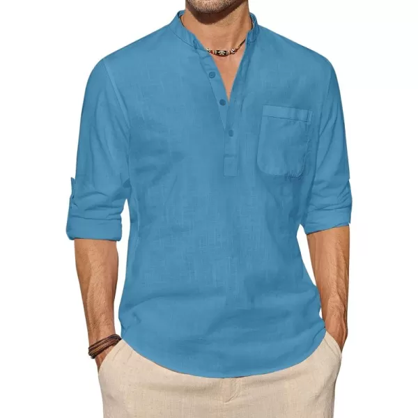 J.VER Men's Linen Roll Up Long Sleeve Shirt Cotton Casual Beach Shirts Henley T-Shirt Band Collar Vacation Tops with Pocket