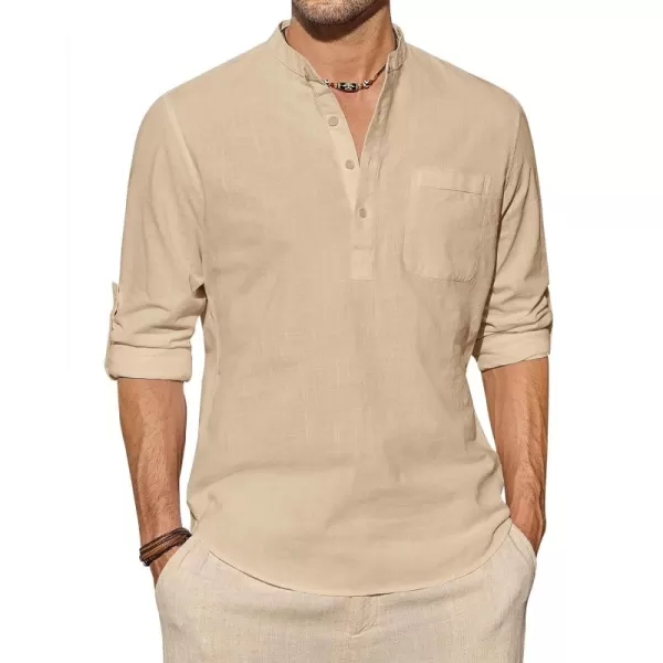 J.VER Men's Linen Roll Up Long Sleeve Shirt Cotton Casual Beach Shirts Henley T-Shirt Band Collar Vacation Tops with Pocket