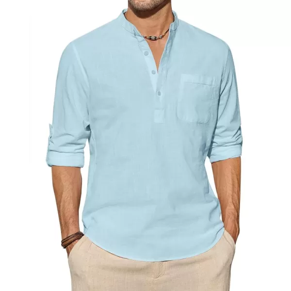 J.VER Men's Linen Roll Up Long Sleeve Shirt Cotton Casual Beach Shirts Henley T-Shirt Band Collar Vacation Tops with Pocket