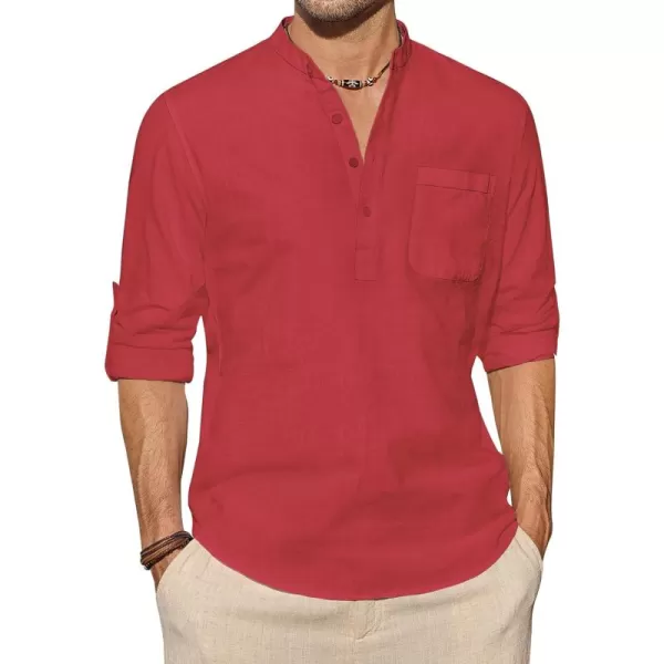 J.VER Men's Linen Roll Up Long Sleeve Shirt Cotton Casual Beach Shirts Henley T-Shirt Band Collar Vacation Tops with Pocket