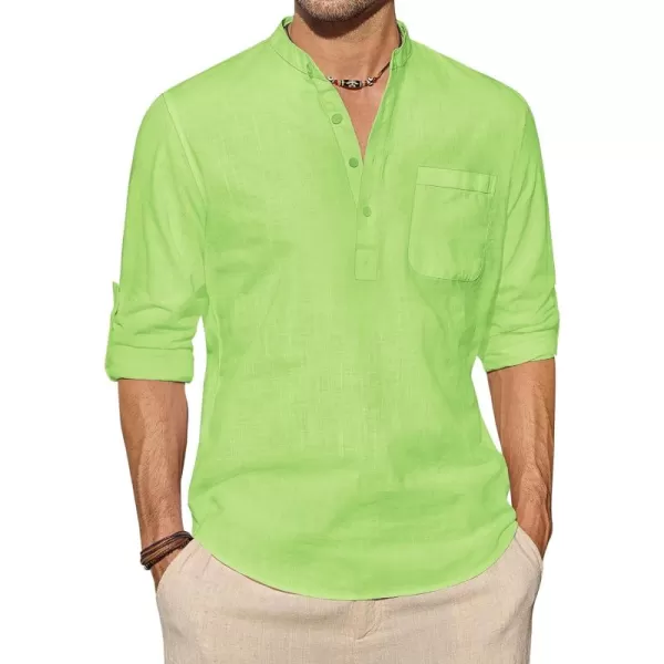 J.VER Men's Linen Roll Up Long Sleeve Shirt Cotton Casual Beach Shirts Henley T-Shirt Band Collar Vacation Tops with Pocket
