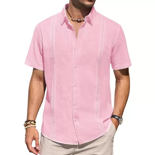 Mens Linen Shirts Short Sleeve Button Up Casual Lightweight Solid Shirt Stylish Cuban Guayabera Beach Tops