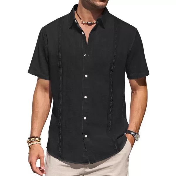 Mens Linen Shirts Short Sleeve Button Up Casual Lightweight Solid Shirt Stylish Cuban Guayabera Beach Tops