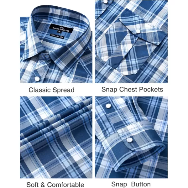 Men's Plaid Pearl Snap Button Shirts Casual Long Sleeve Gingham Shirt Western Cowboy Checked Shirts with Two Pockets for Work
