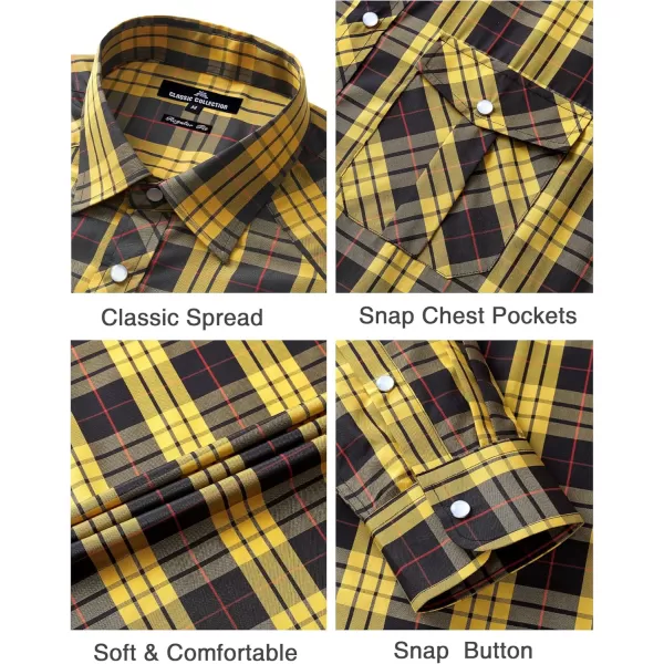 Men's Plaid Pearl Snap Button Shirts Casual Long Sleeve Gingham Shirt Western Cowboy Checked Shirts with Two Pockets for Work