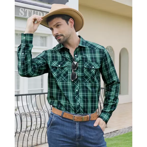 Men's Plaid Pearl Snap Button Shirts Casual Long Sleeve Gingham Shirt Western Cowboy Checked Shirts with Two Pockets for Work