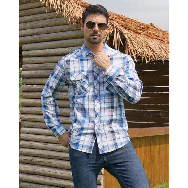 Men's Plaid Pearl Snap Button Shirts Casual Long Sleeve Gingham Shirt Western Cowboy Checked Shirts with Two Pockets for Work