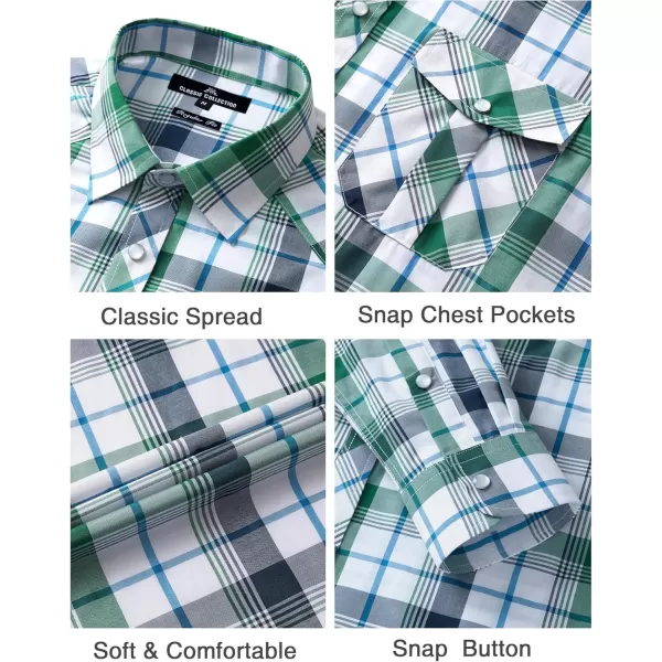 Men's Plaid Pearl Snap Button Shirts Casual Long Sleeve Gingham Shirt Western Cowboy Checked Shirts with Two Pockets for Work