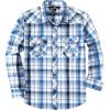 imageMens Plaid Pearl Snap Button Shirts Casual Long Sleeve Checked Shirt Western Cowboy Shirts with Two Pockets for WorkBlue White